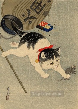  Koson Art Painting - cat catching a mouse Ohara Koson Japanese